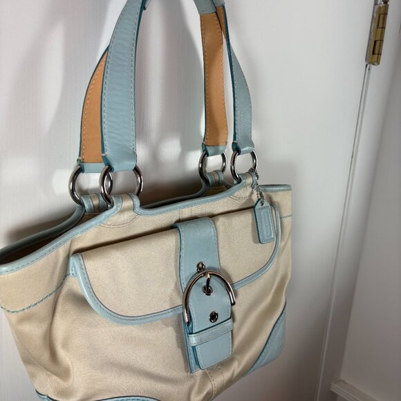 COACH | Light Blue Leather & Cream Canvas Satchel Tote | Y2K Vintage | RARE - Picture 4 of 10